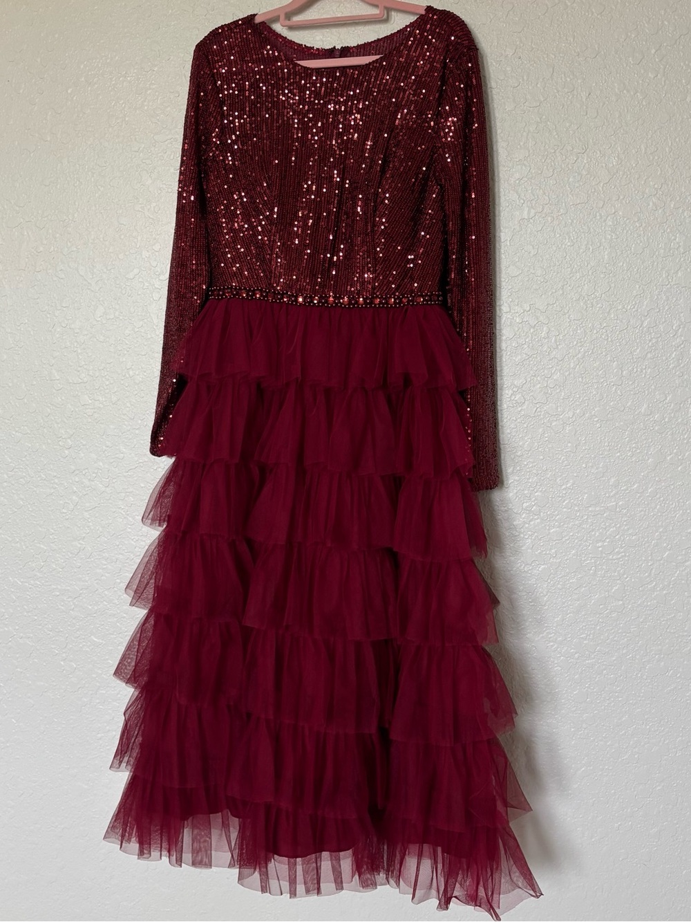 IEENA for Mac Duggal Style 26299 Burgundy Sequin Bodice Tiered Tulle Midi Dress - Picture 10 of 16